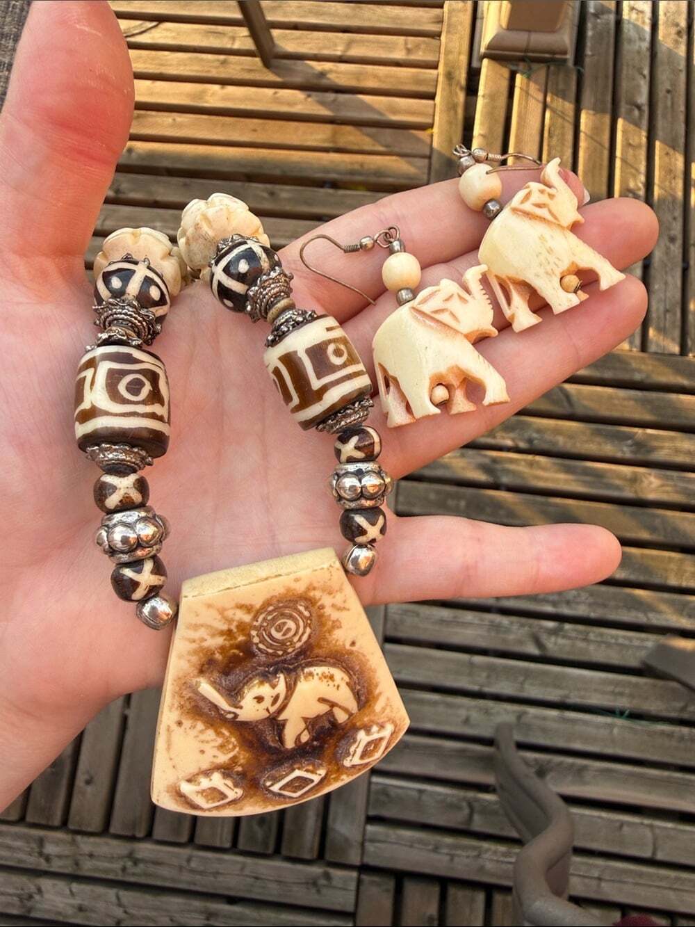 Handcrafted Carved Bone Elephant Pendant Necklace & Earrings Set - Picture 1 of 9
